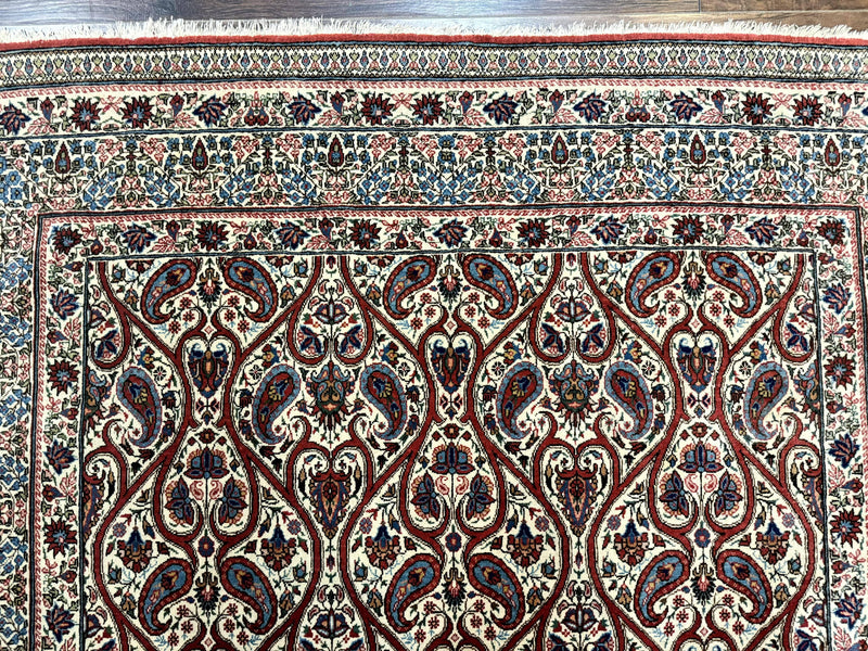 Unique Persian Qum Rug 5x7, Repeated Paisely Boteh Design, Ivory Red Blue, Handmade Antique Wool Persian Carpet, Finely Hand Knotted by Jewel Rugs