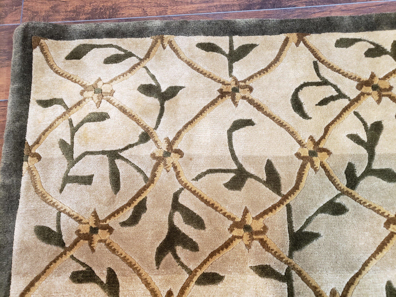 Vintage Tibetan Nepalese Area Rug 9x12, Wool Hand-Knotted, Beige Nepali Soft Pile Carpet, 9 x 12 Living Room Modern Dining Room Rug by Jewel Rugs