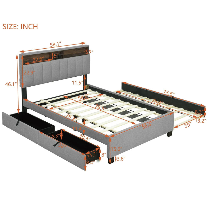 Upholstered Platform Bed With Storage Headboard, Trundle & 2 Drawers And A Set Of Sockets & USB Ports by HouseOfZazla