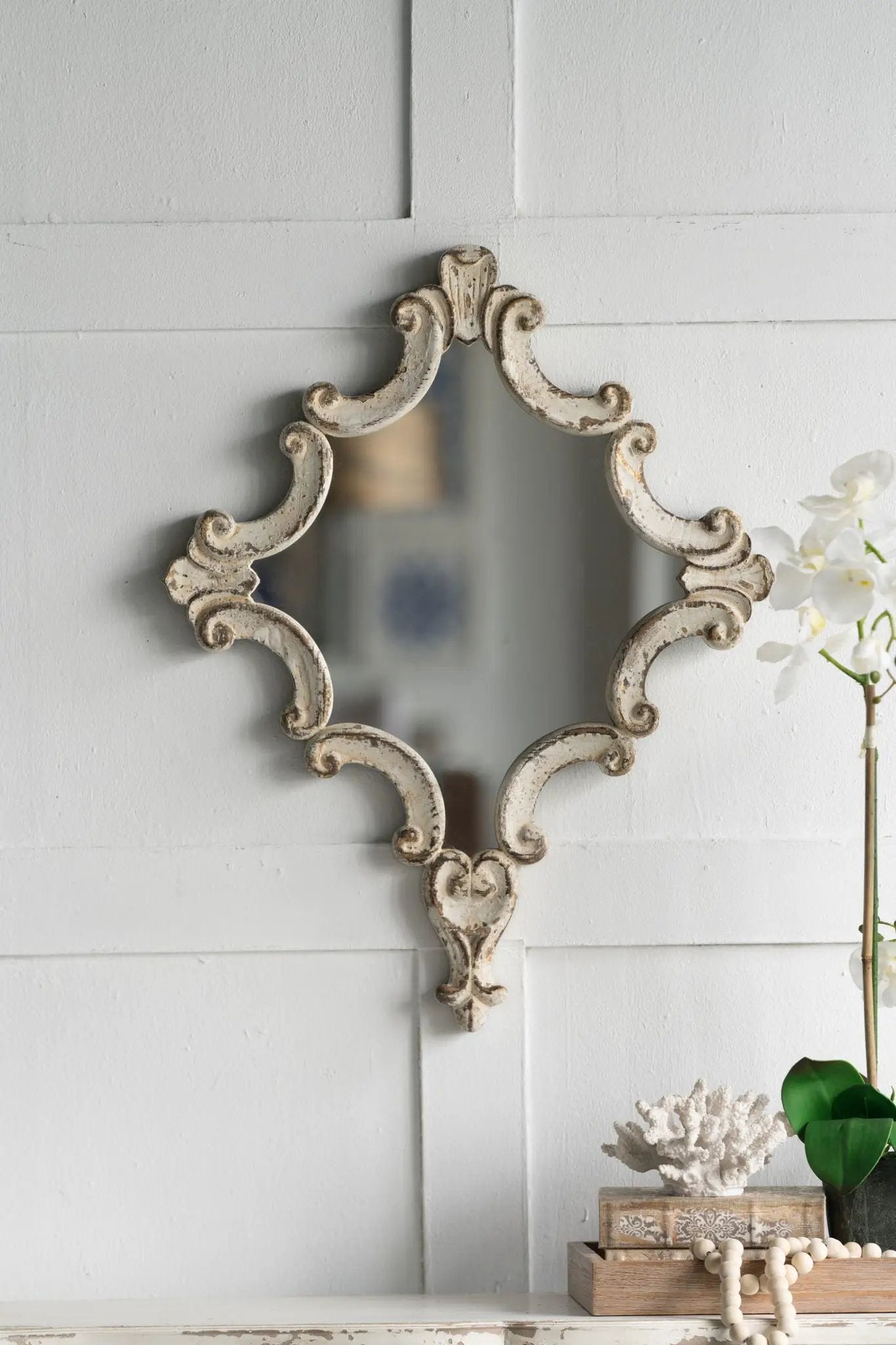 Artistic Diamond Scrollwork Mirror, Home Accent Mirror For Living Room, Entryway, Bedroom, Office - Antique White by HouseOfZazla