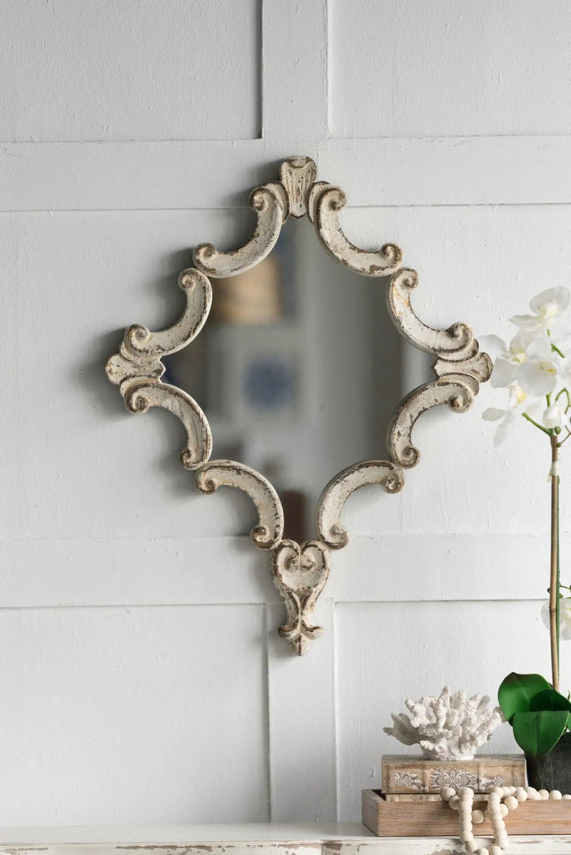Artistic Diamond Scrollwork Mirror, Home Accent Mirror For Living Room, Entryway, Bedroom, Office - Antique White by HouseOfZazla