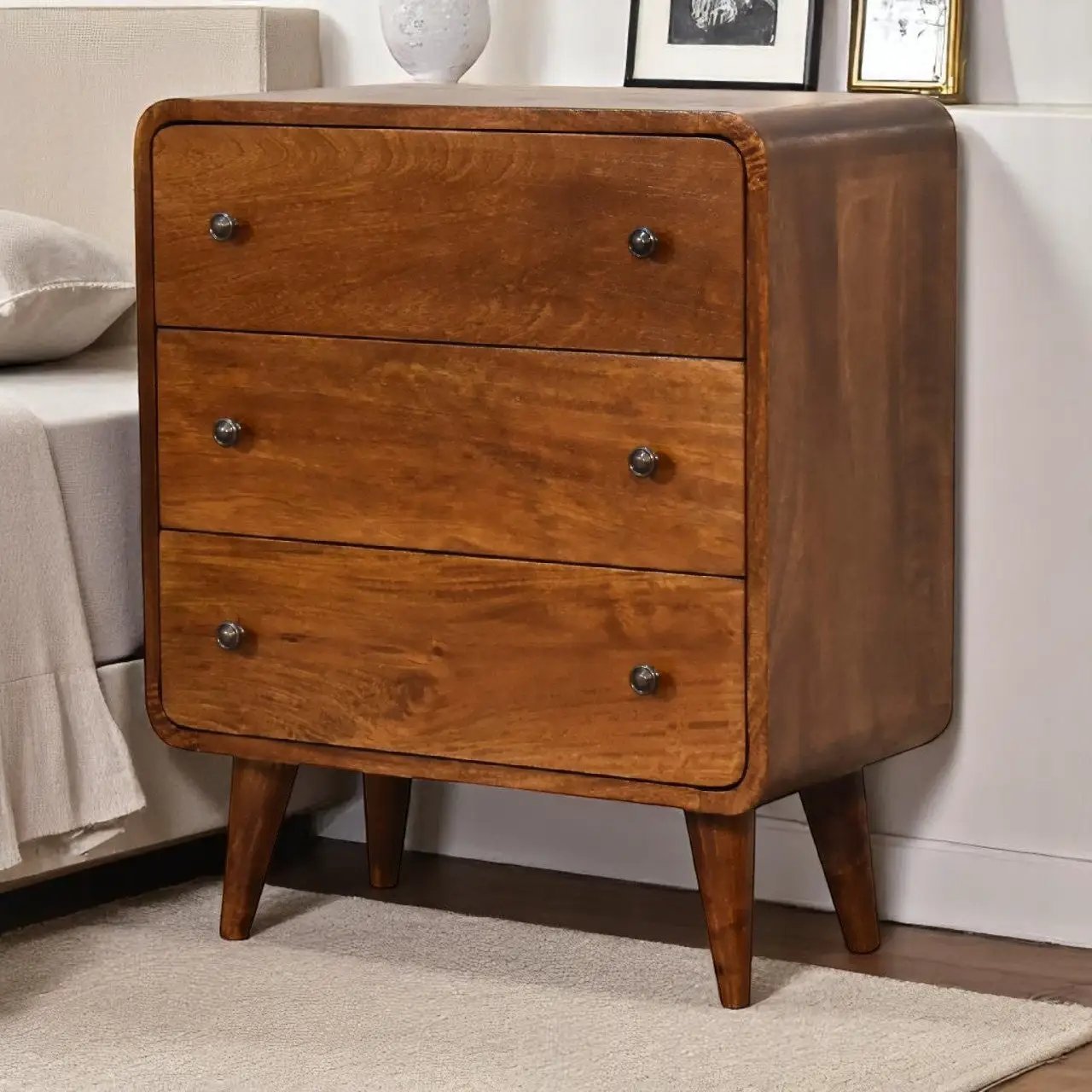 Solid Wood Mini Curved Chestnut Chest, 3-Drawer, Nordic Legs by HouseOfZazla