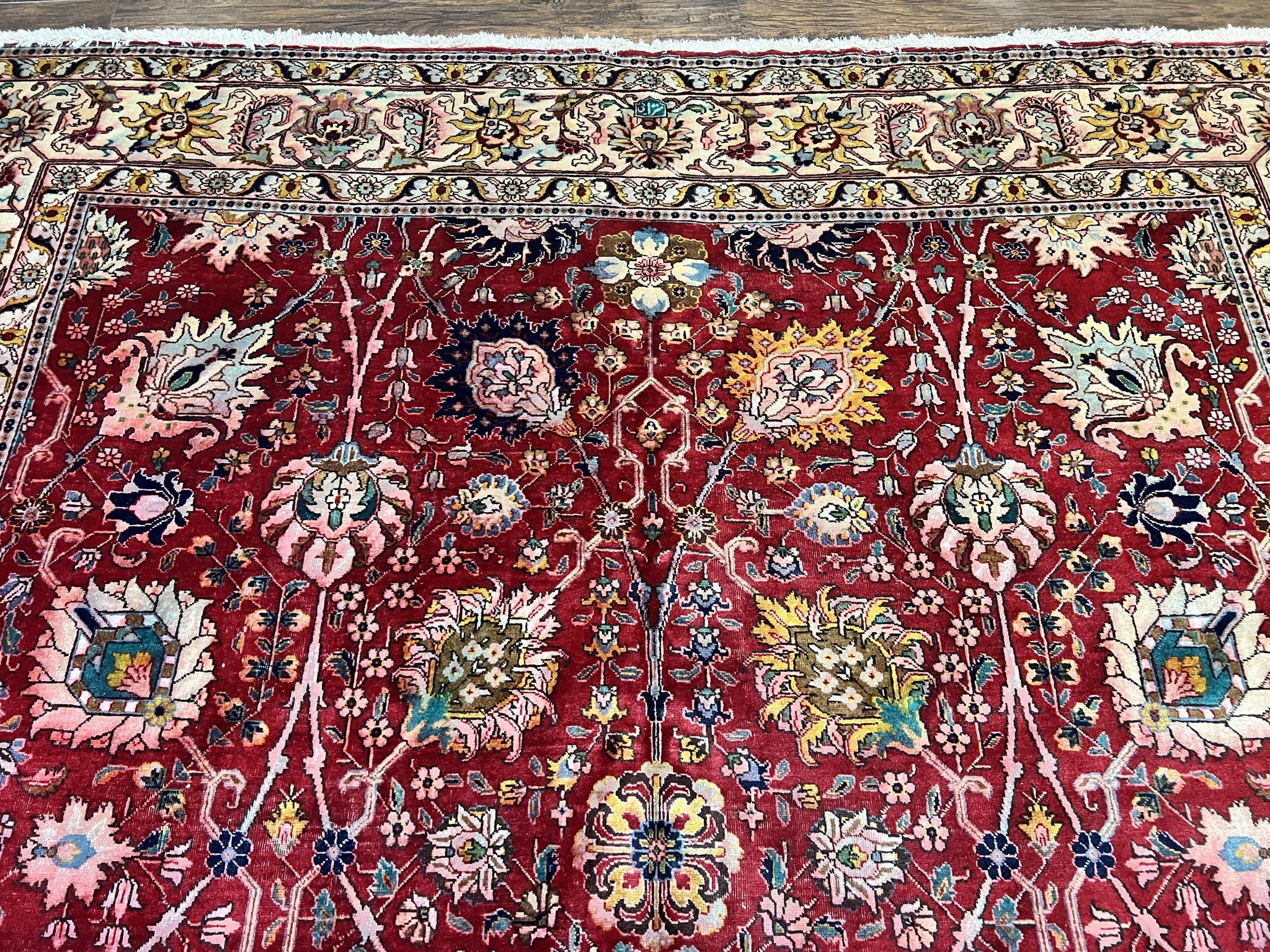 Persian Tabriz Rug 10x12, Floral Allover, Handmade Vintage Wool Carpet, Red and Cream by Jewel Rugs