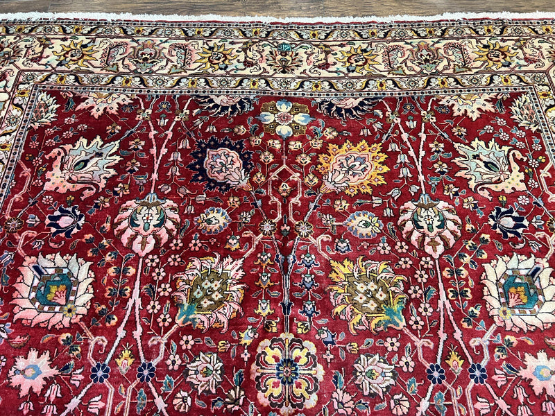 Persian Tabriz Rug 10x12, Floral Allover, Handmade Vintage Wool Carpet, Red and Cream by Jewel Rugs