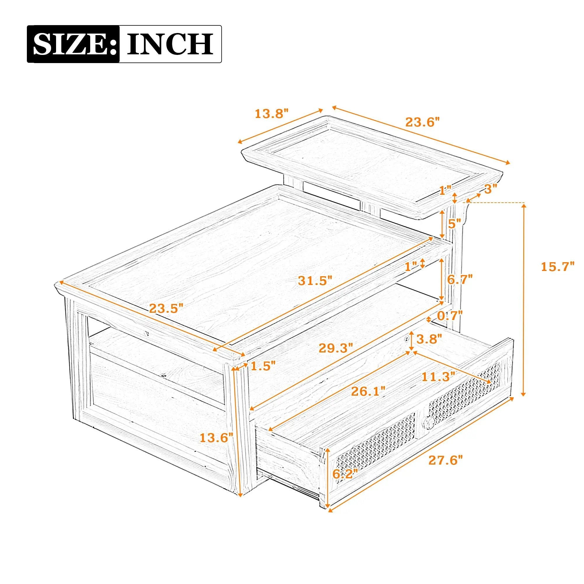 Coffee Table With 1 Storage Shelf, 2 Tabletops And 1 Rattan Drawer by HouseOfZazla