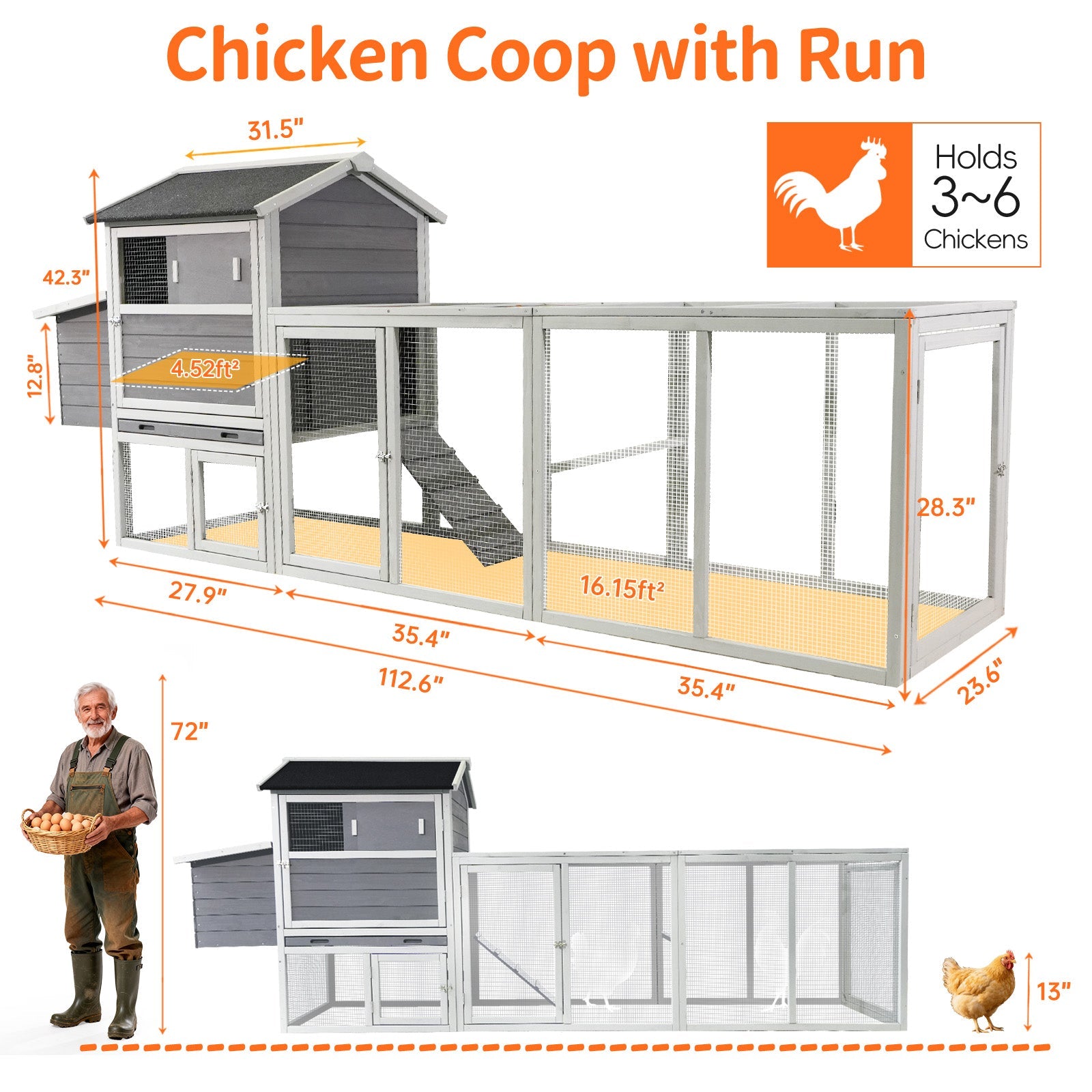Gray Wooden Chicken Coop with Run and Nesting Box by HouseOfZazla