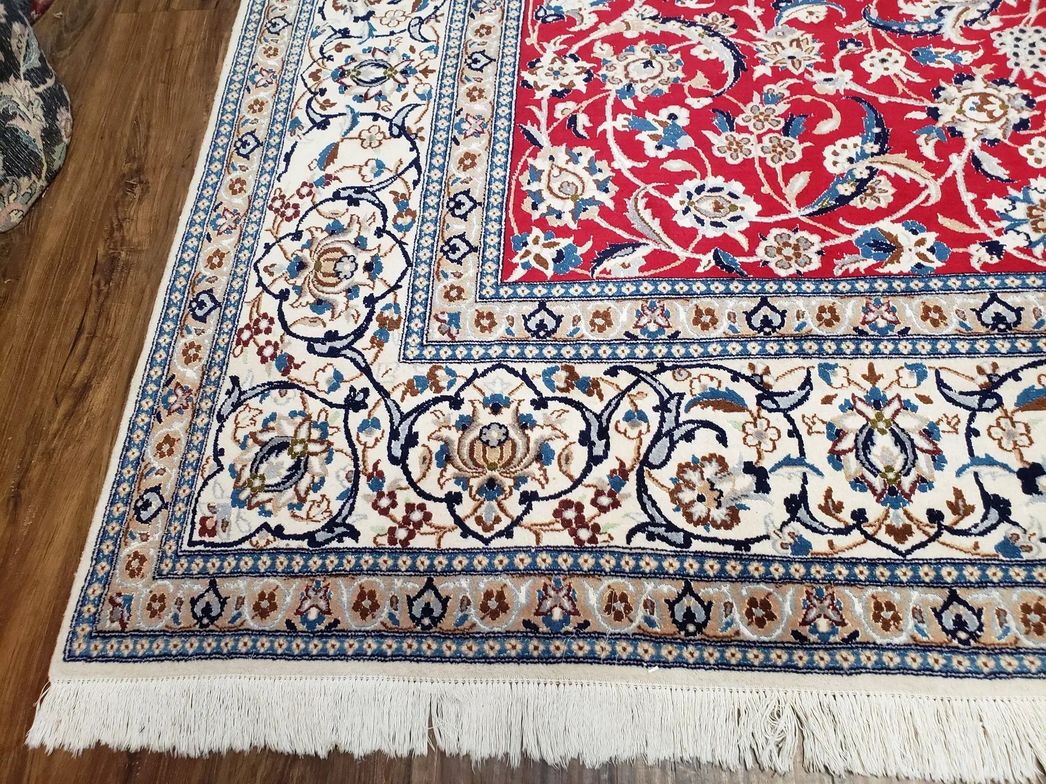 Persian Nain Rug 8x12, Red and Ivory, Signed by Jewel Rugs