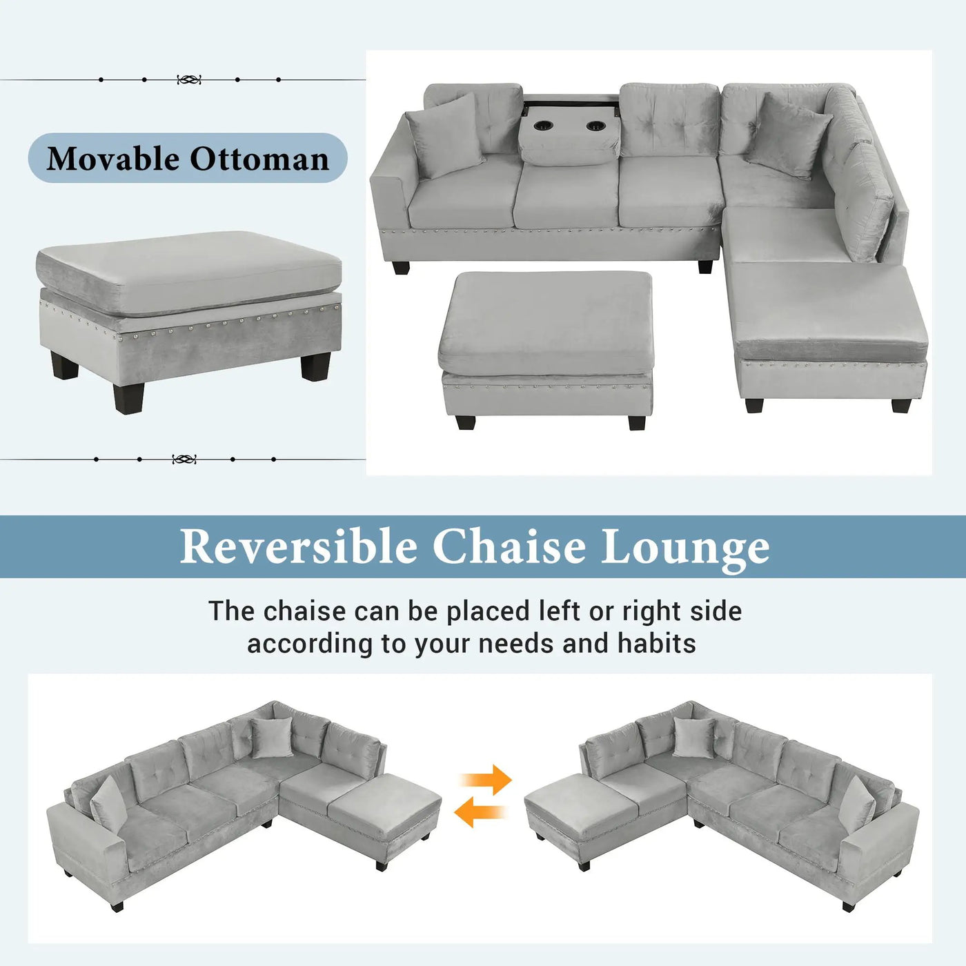 Modern Sectional Sofa With Storage Ottoman, L - Shape Couch With 2 Pillows And Cup Holders by Unique Piece Furniture