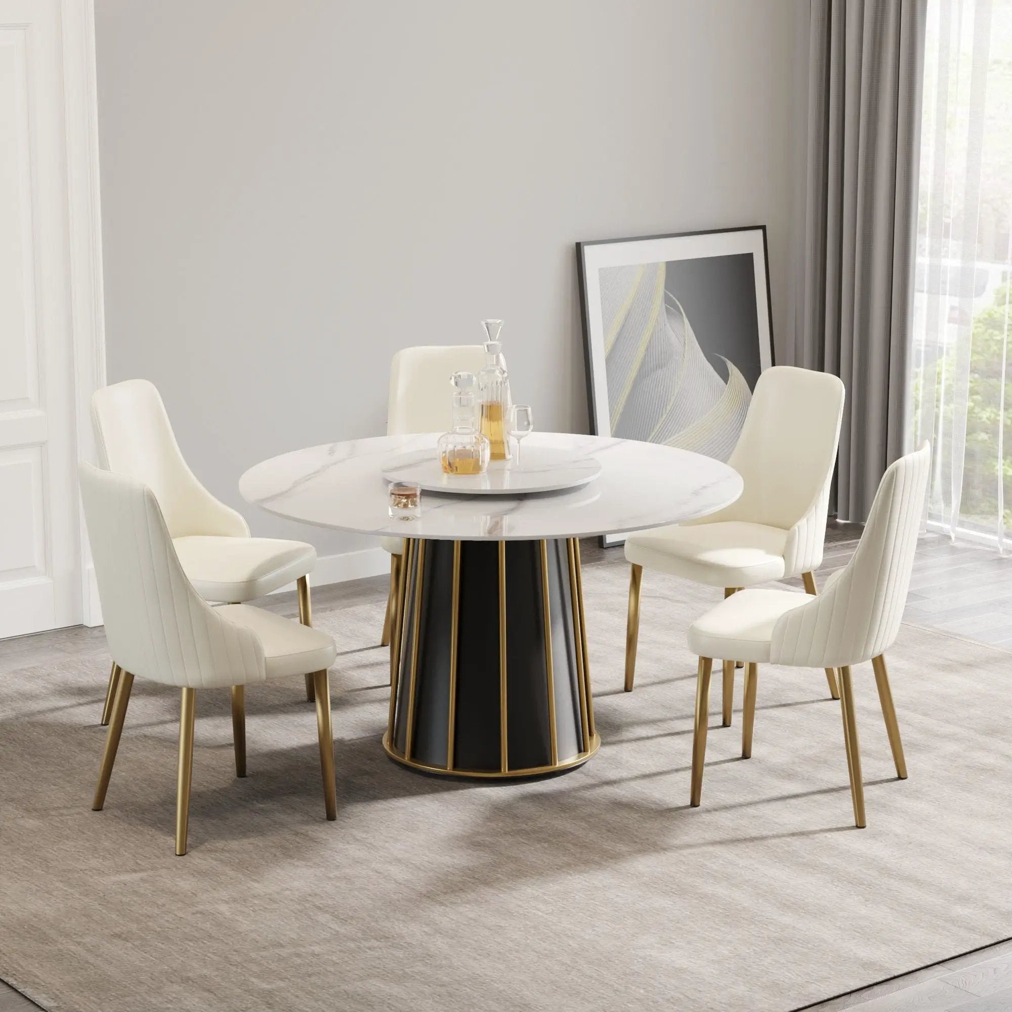 53.15" Modern Artificial Stone Round Panel Metal Iron Base Dining Table, Can Accommodate 6 People-23.62" Artificial Stone Turntable (Not Including Chairs) - White / Black by HouseOfZazla