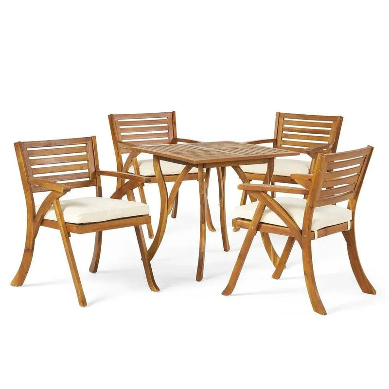 Outdoor Hermosa 5 Piece Wood Dining Set With Cushions - Teak / Beige by HouseOfZazla