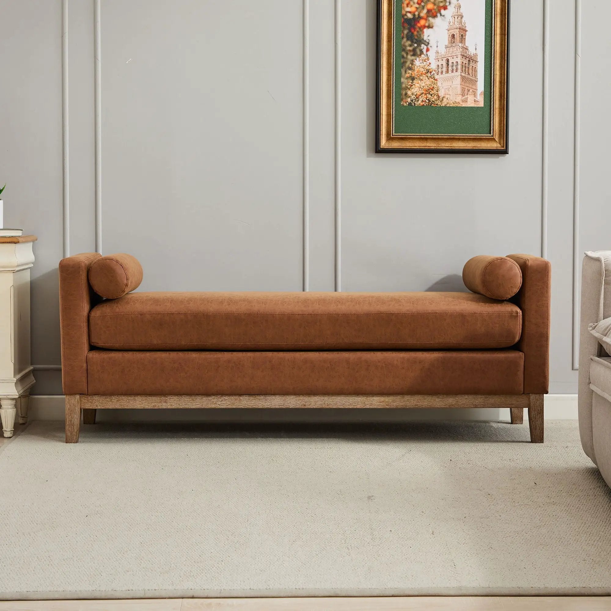 Elegant Upholstered Bench Daybed Ottoman With Bolster Pillows