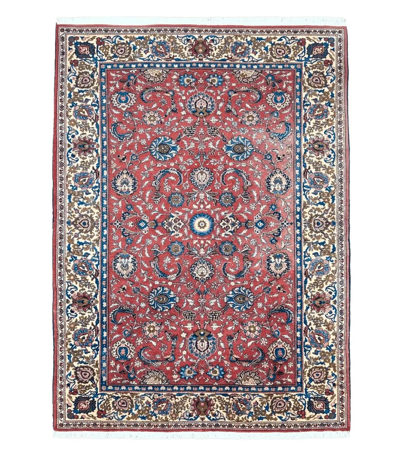 Semi Antique Persian Kashan Rug, Red & Beige, Hand-Knotted, Wool, 4'7" x 6' 6", Pair B by Jewel Rugs