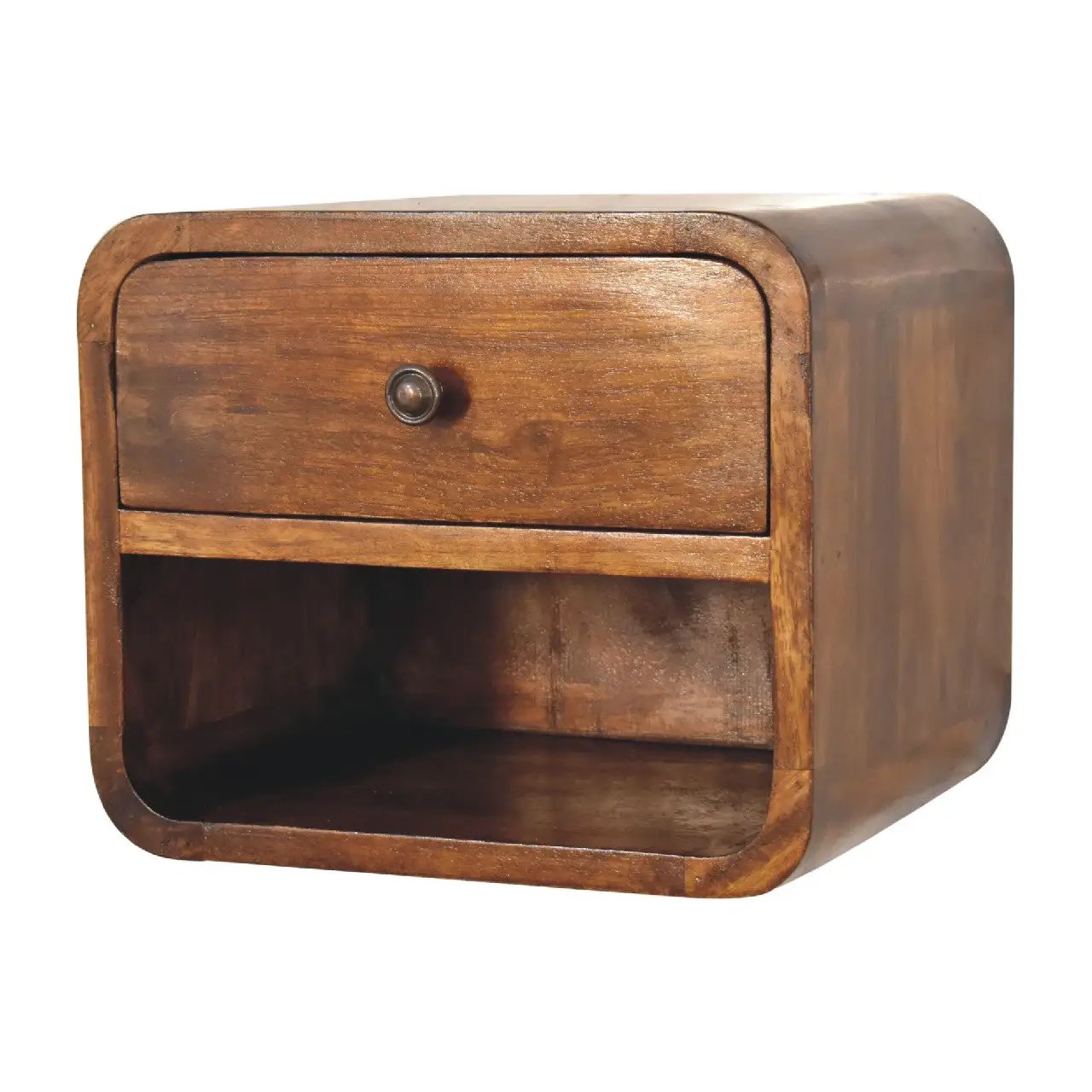 Solid Wood Mini Curve Floating Nightstand, 1-Drawer, 1 Open Slot, Chestnut by HouseOfZazla