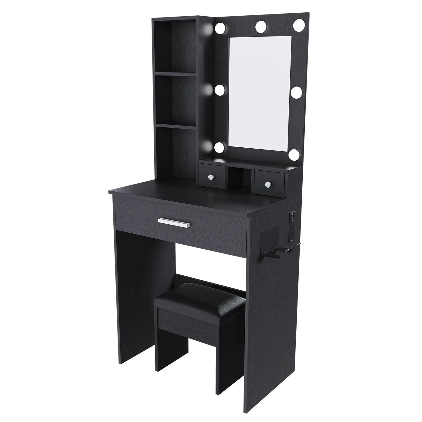Vanity Table With Mirror, Adjustable LED Lights, Power Outlet, Hairdryer Holder & Stool by HouseOfZazla