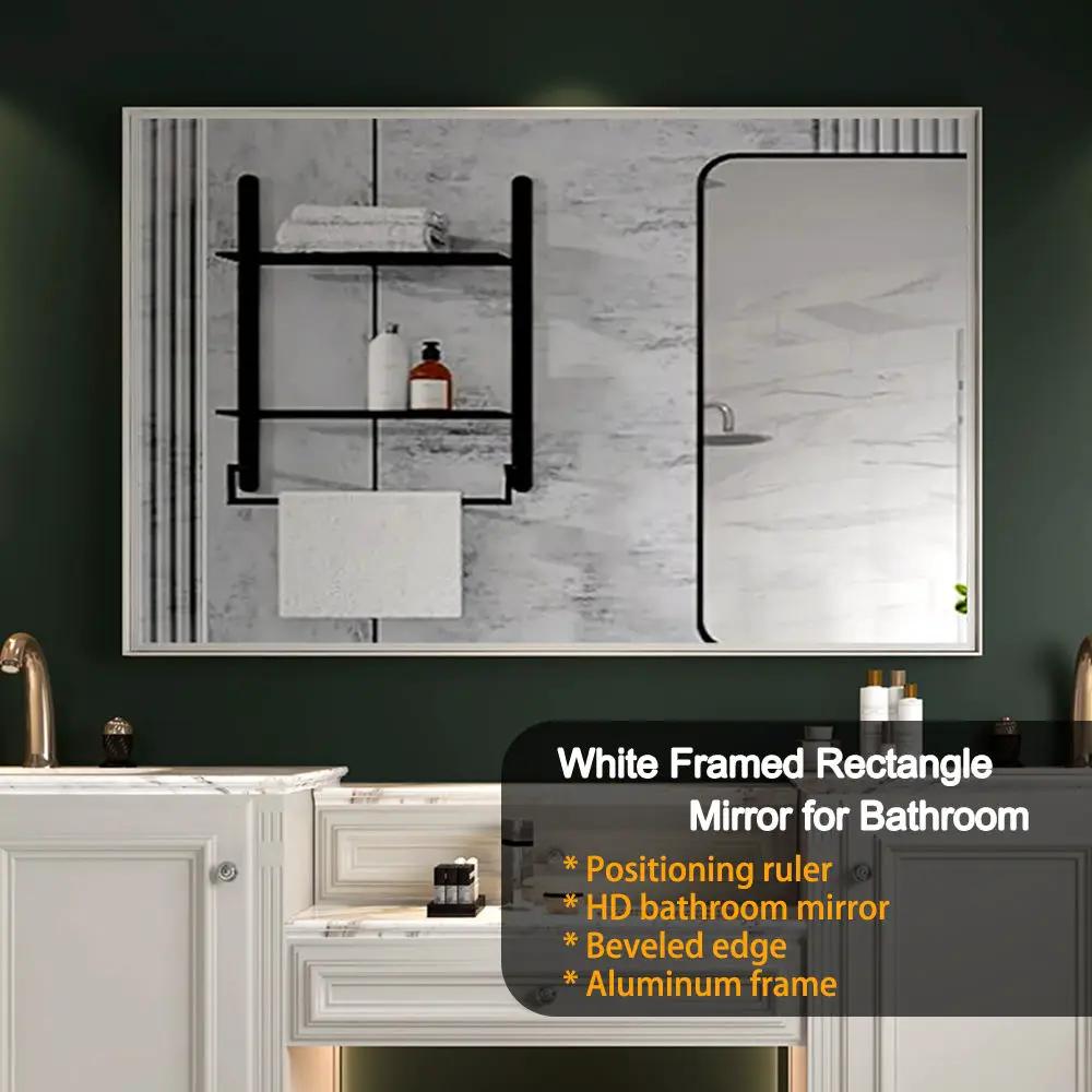 Rectangular Wall-Mounted Beveled Bathroom Mirror, Square Angle Metal Frame Wall Mounted Bathroom Mirrors For Wall (Horizontal & Vertical) - Glossy White by HouseOfZazla