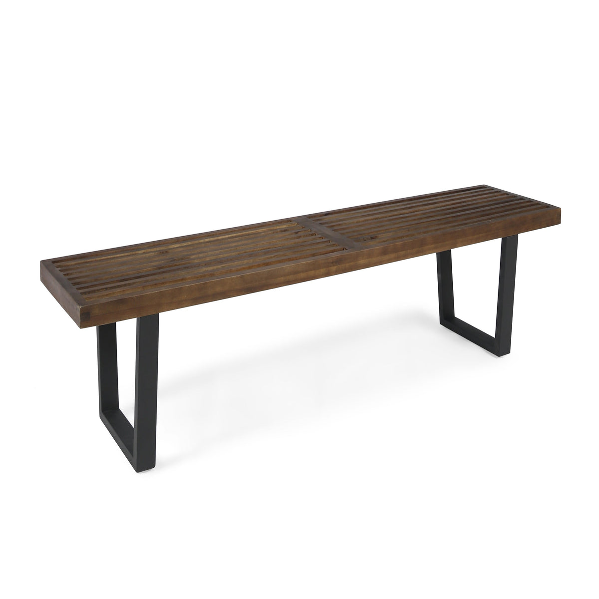 Modern Acacia Wood Patio Dining Bench with Iron Legs - Natural Wood/Iron, photo 6 of 9