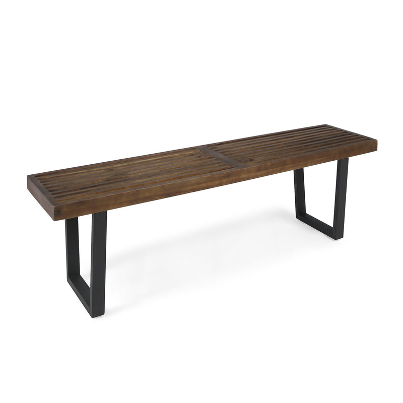 Modern Acacia Wood Patio Dining Bench with Iron Legs - Natural Wood/Iron, photo 6 of 9