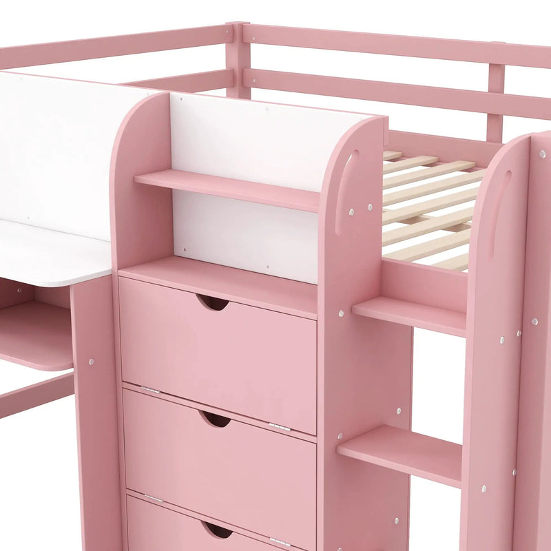 Low Loft Bed With Built In Desk, Storage Cabinets, Open Bookcase And Doodle board by Unique Piece Furniture