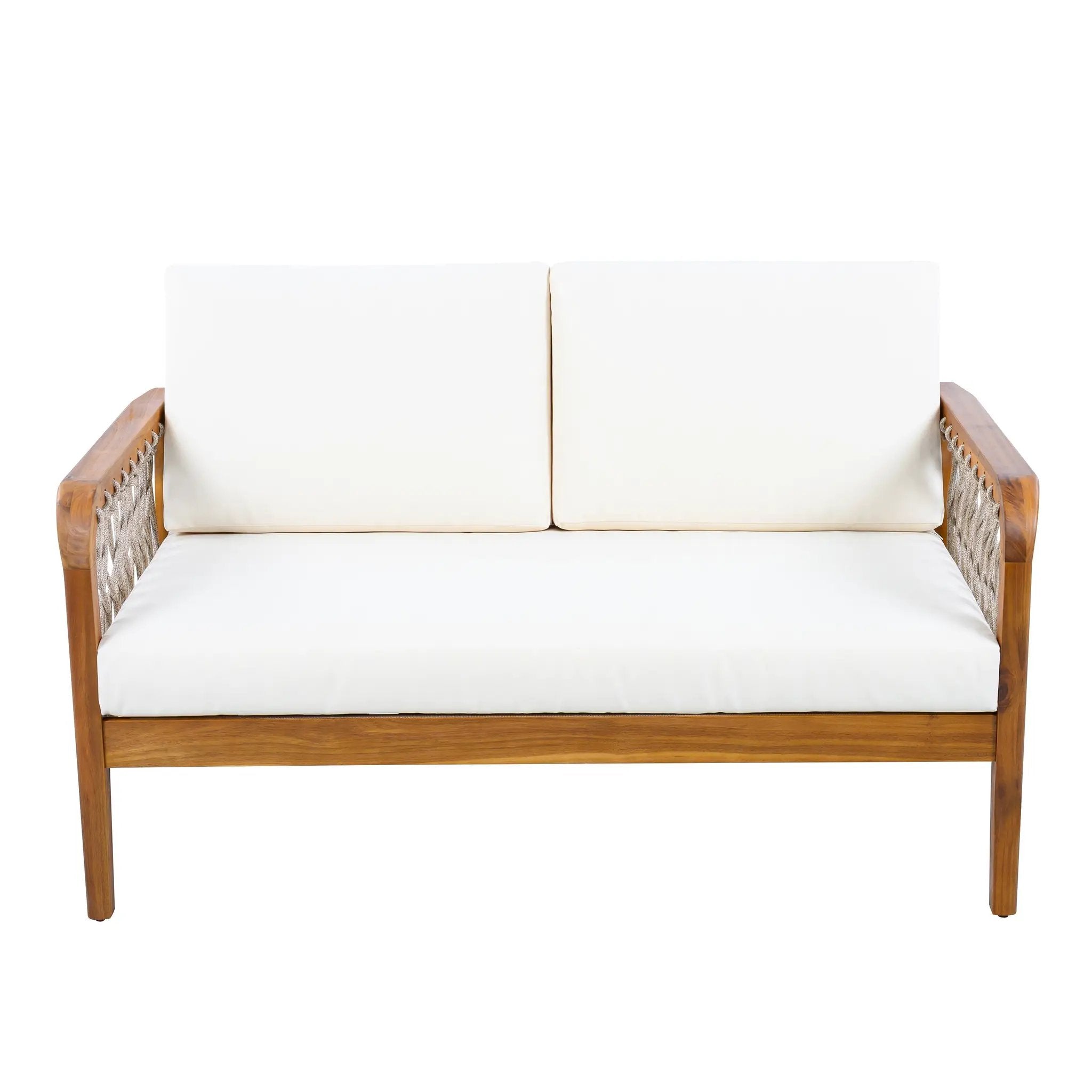 Outdoor Acacia Wood Loveseat & Coffee Table Set with Handwoven Rope, Teak Finish by HouseOfZazla