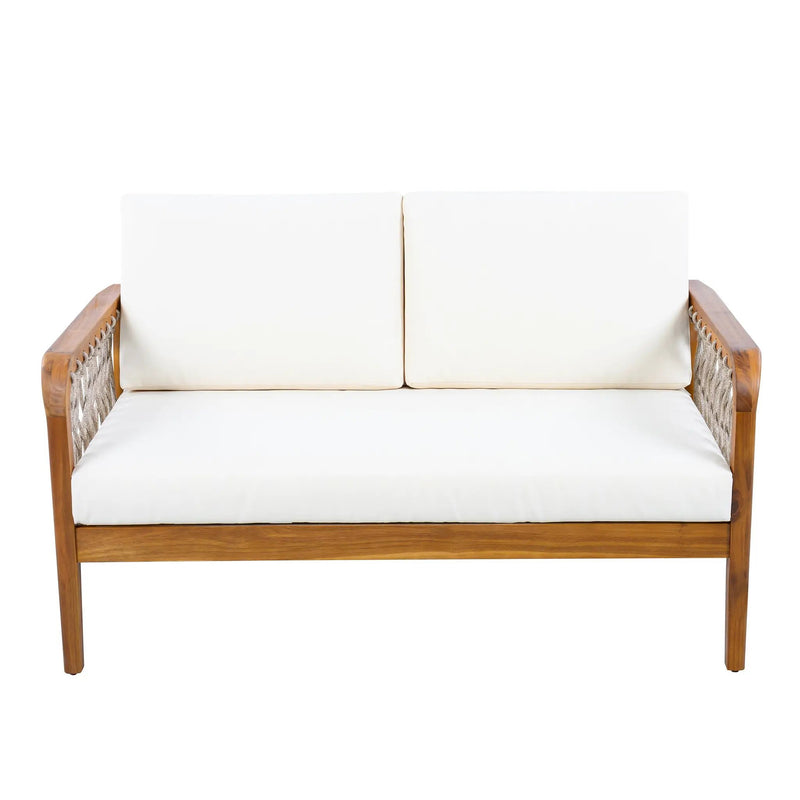 Outdoor Acacia Wood Loveseat & Coffee Table Set with Handwoven Rope, Teak Finish by HouseOfZazla