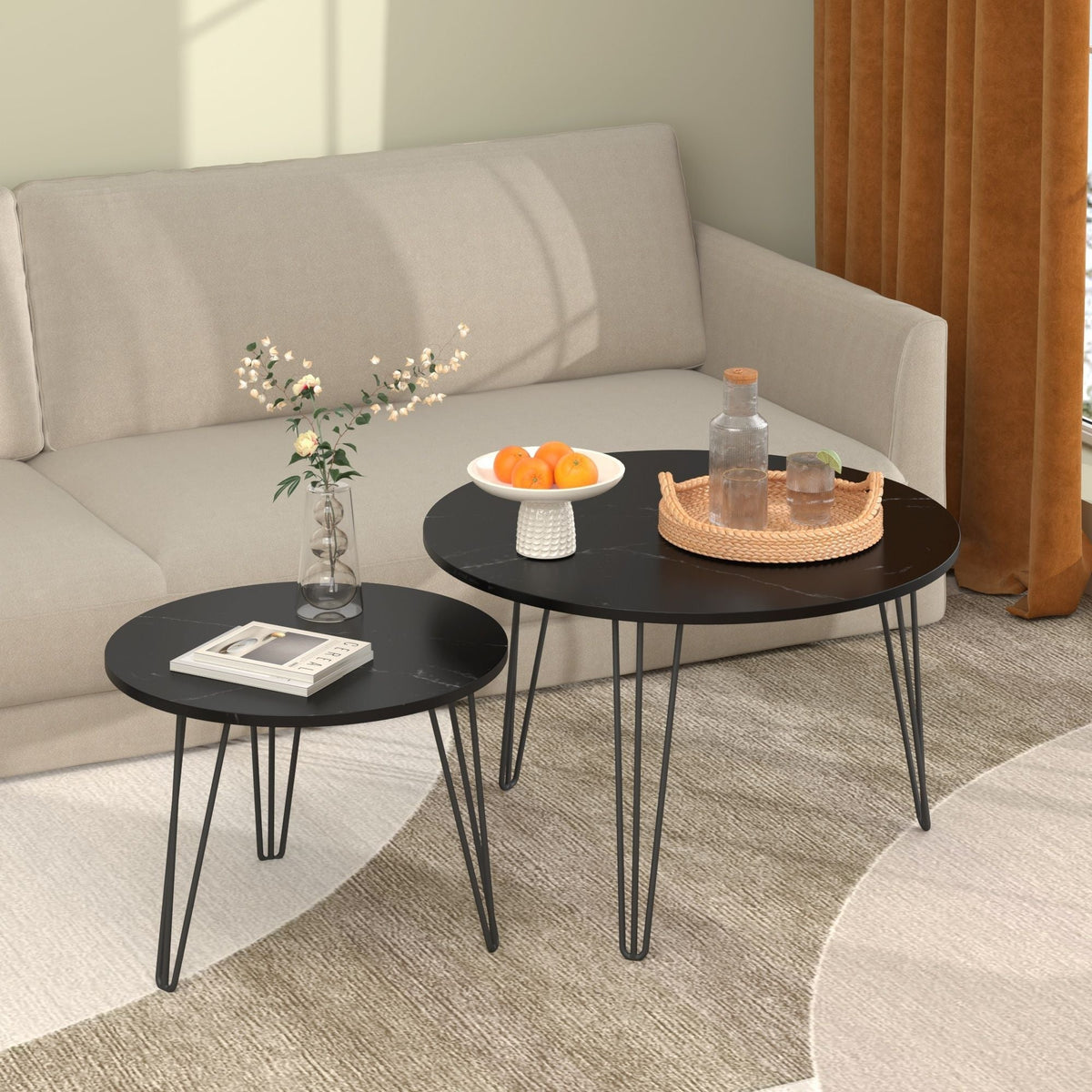 Rustic Round Nesting Coffee Table Set of 2 with Metal Frame - White, Black, Light Brown, photo 7 of 12