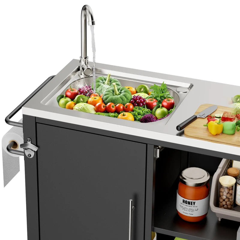 Outdoor Grill Table With Sink, Grill Cart With Sink And Cabinet With Wheels - Black / Silver by HouseOfZazla