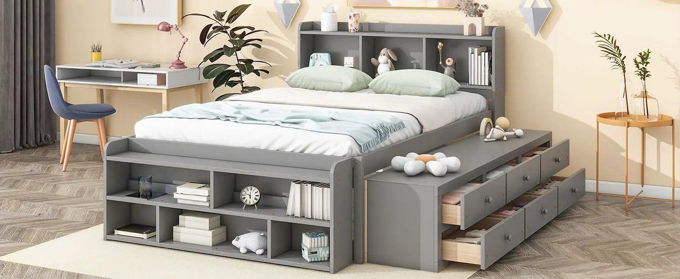 Bed With Bookcase Headboard, Under Bed Storage Drawers And Bed End Storage Case by Unique Piece Furniture