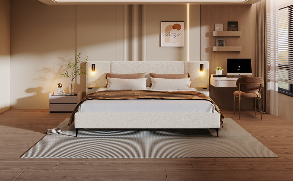 Chic Boucle Upholstered Bed with Integrated Lights and Shelves, photo 4 of 10