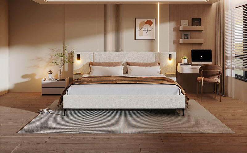 Chic Boucle Upholstered Bed with Integrated Lights and Shelves, photo 4 of 10