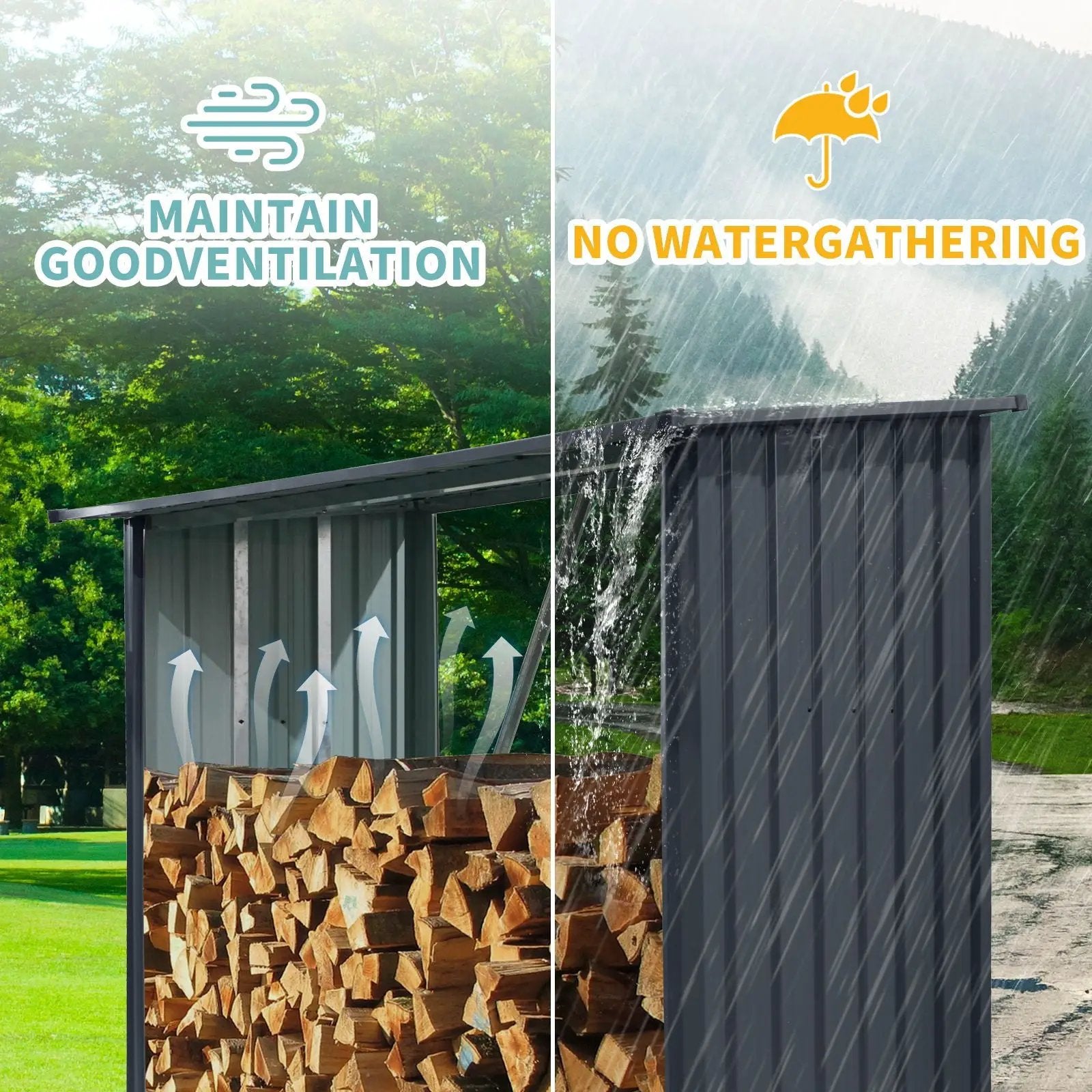 Outdoor Steel Firewood Rack, Open Wood Shed With Sloped Roof For Firewood, Pellet, Or Lumber Storage - Black by HouseOfZazla