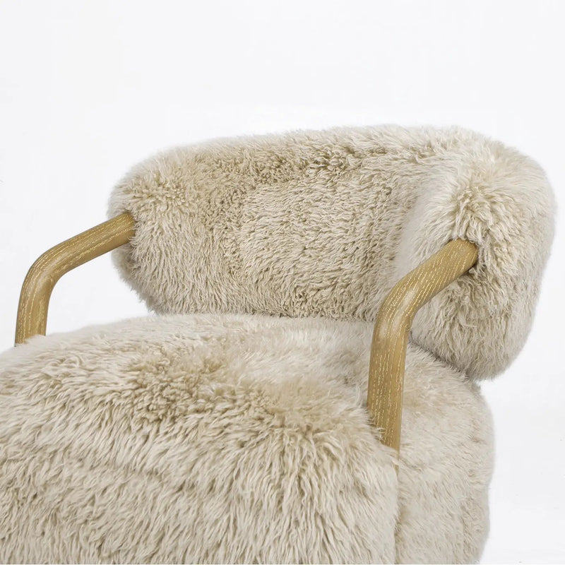 Becker - Rustic Oak Sheepskin Upholstered Accent Arm Chair - Taupe Beige by HouseOfZazla