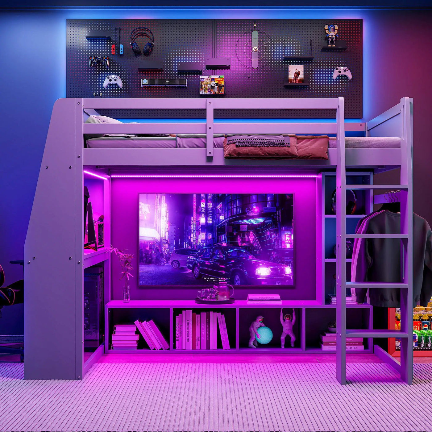 Gaming Loft Bed With Desk, Multi Storage Shelves, LED Lighting, And Hanging Clothes Rack by HouseOfZazla