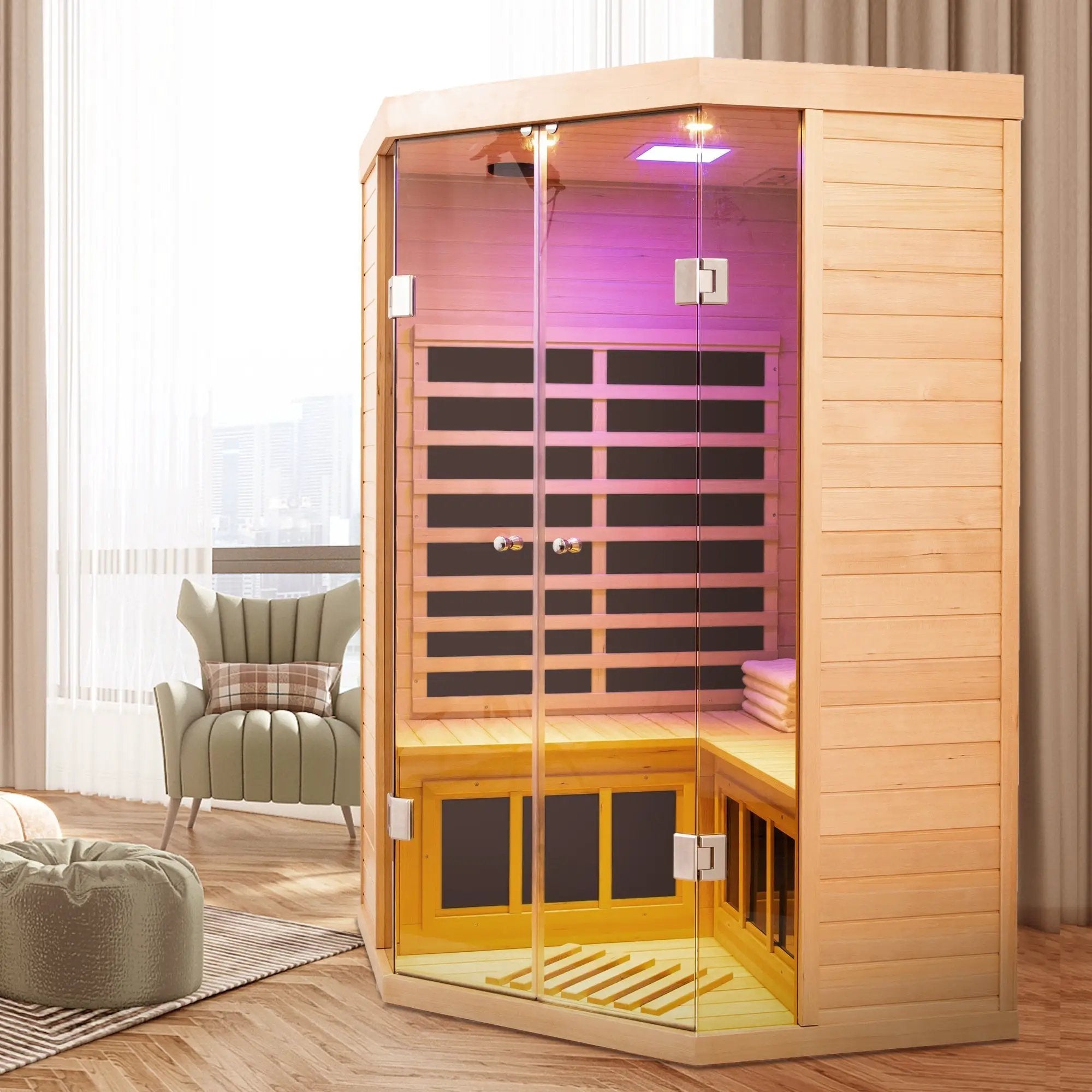 Deluxe Hemlock Far Infrared Corner Sauna Room with Glass Front for Two Persons by HouseOfZazla