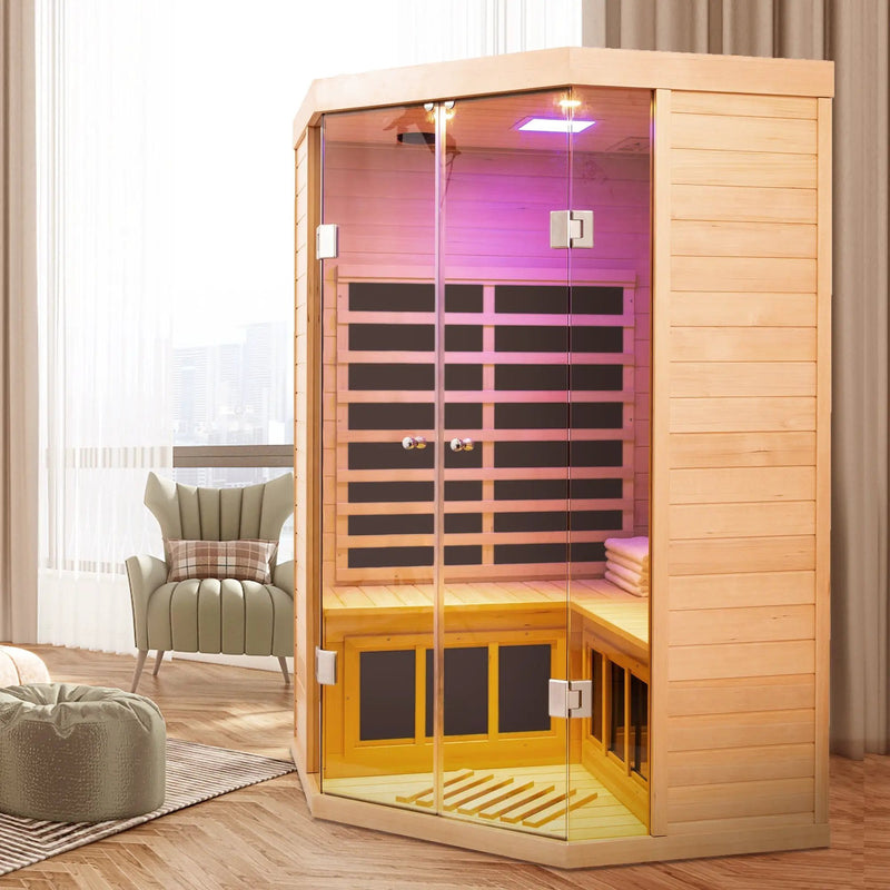 Deluxe Hemlock Far Infrared Corner Sauna Room with Glass Front for Two Persons by HouseOfZazla