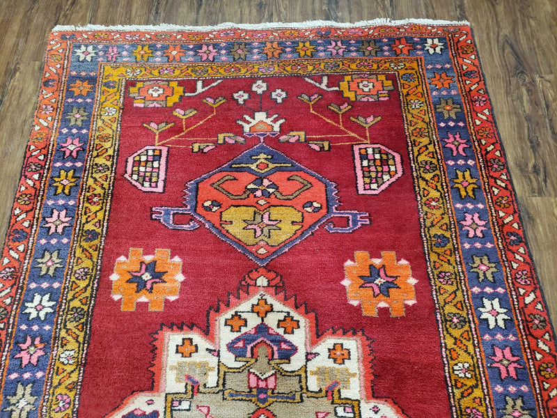 Antique Persian Karajeh Runner Rug 4.4 x 11 ft, Red Colorful Geometric Medallion Runner by Jewel Rugs
