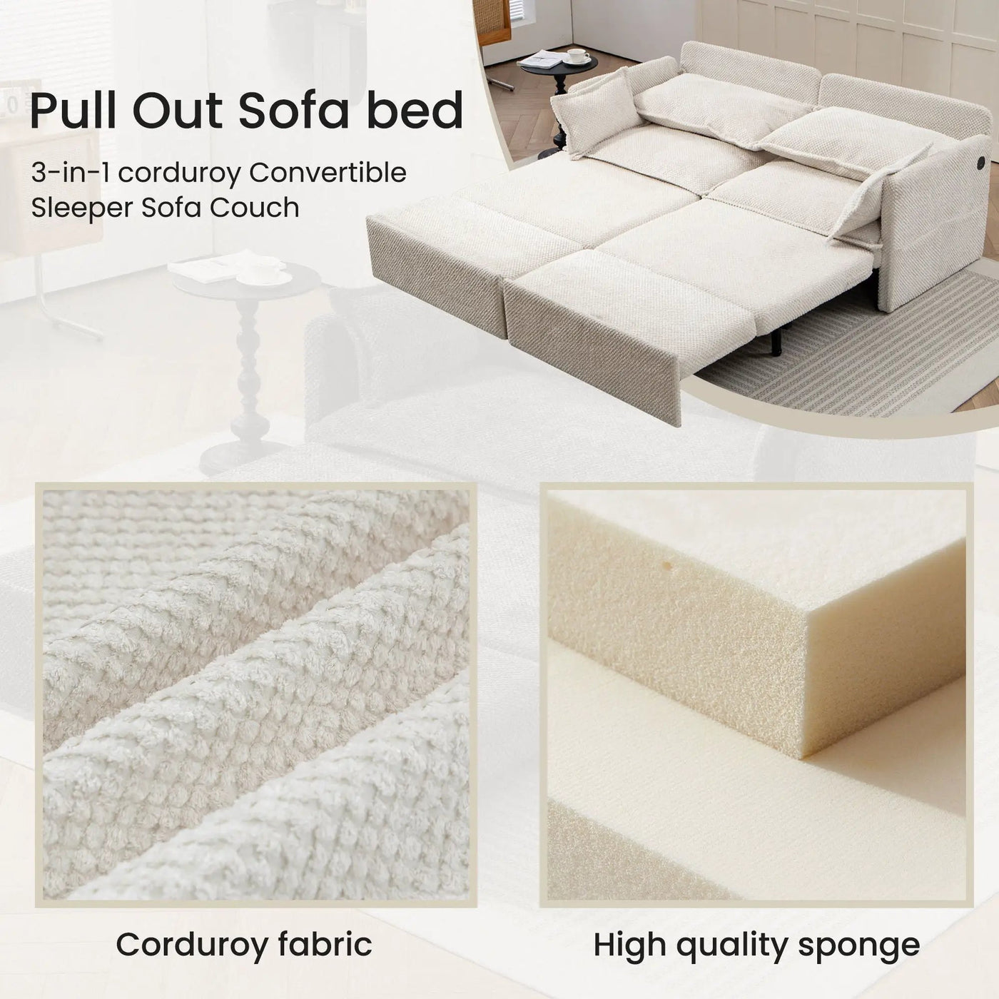 Pull Out Sofa Bed, Convertible Sleeper Sofa Couch, Side Storage, And USB / C - Type Charging Ports Chair by Unique Piece Furniture