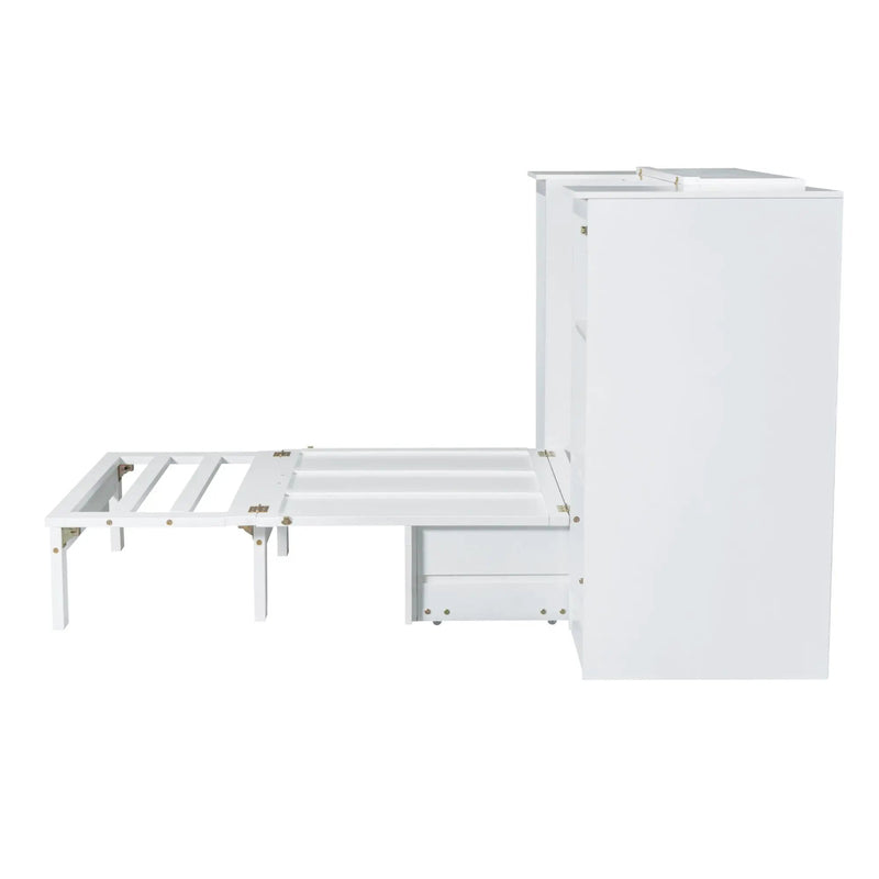 Twin Size Murphy Bed With Bedside Shelves And Wardrobe - White