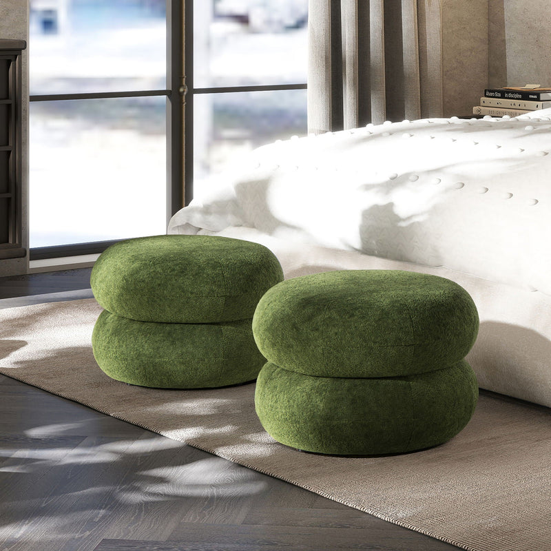 Dark Green Low Round Upholstered Ottoman with Stacked Pouf Design, photo 5 of 7