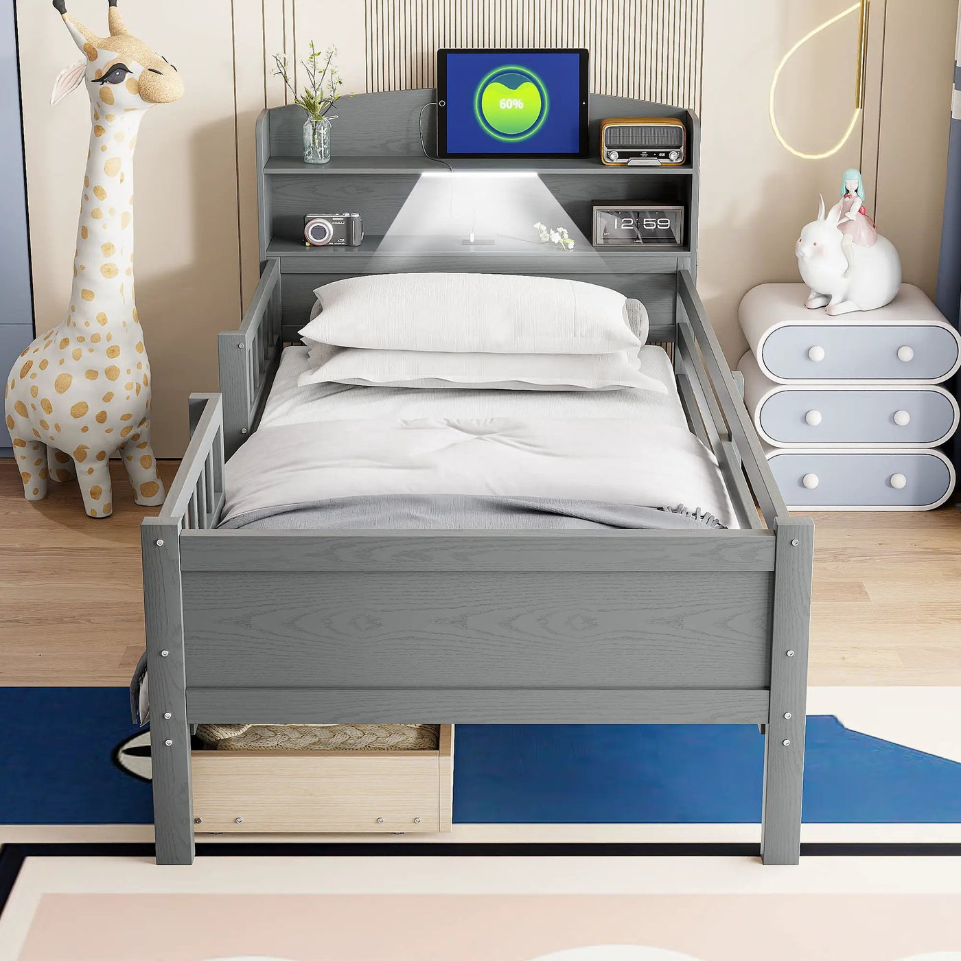 Platform Bed With LED Light, Multi Functional Headboard, Guardrail And 2 Drawers by HouseOfZazla