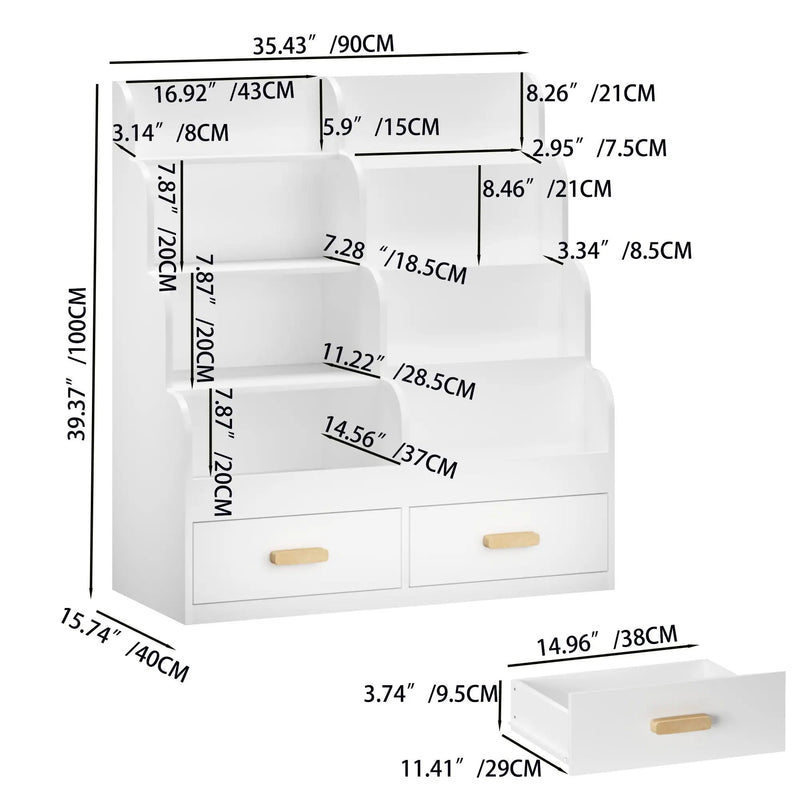 Bookshelf With 2 Storage Drawers, Front Facing Bookcase And Toy Organizer, Multi Tier Reading Shelf - White by HouseOfZazla