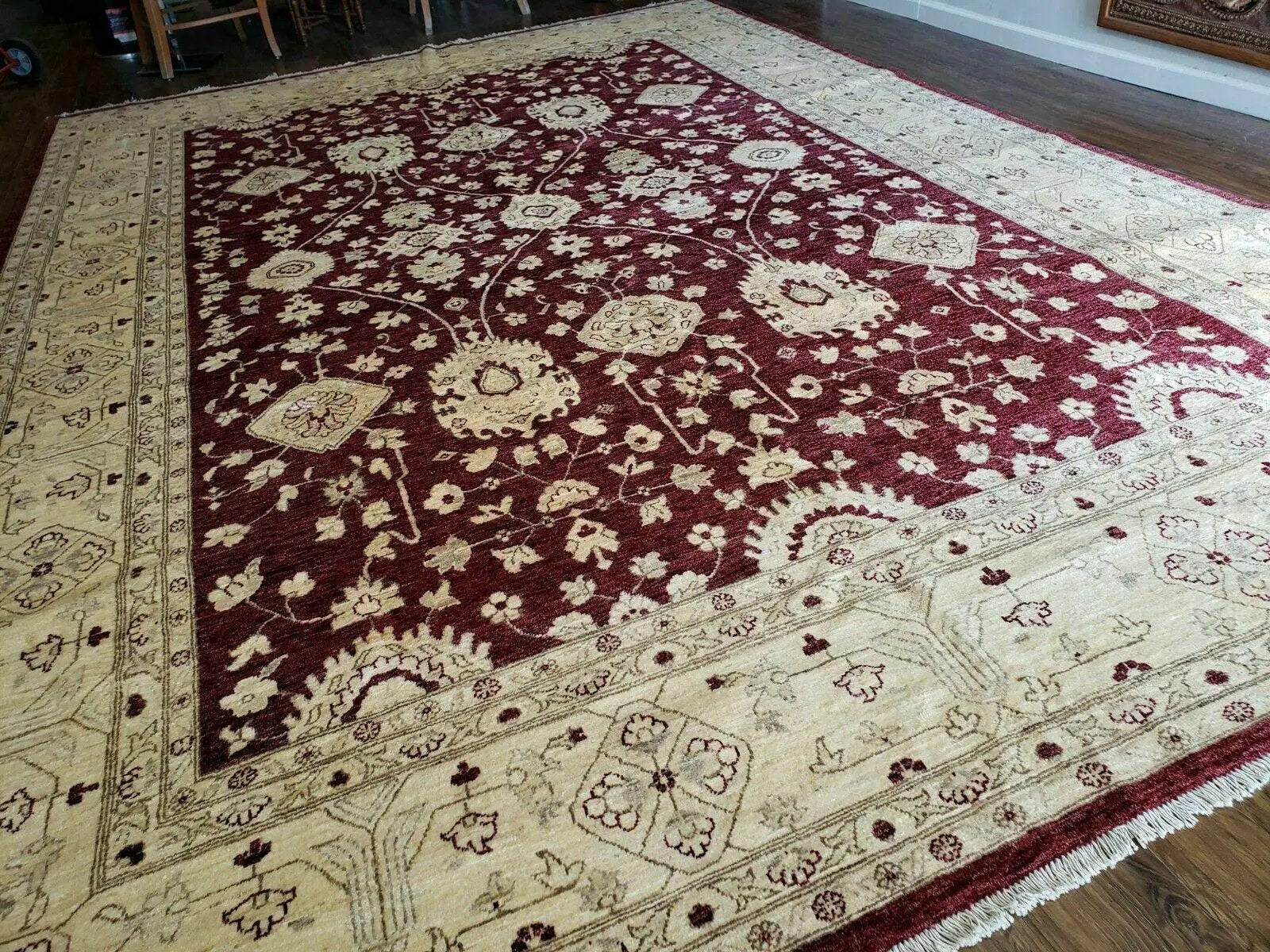 Pakistani Peshawar Rug 10x14, Handmade Chobi Carpet, Maroon & Beige by Jewel Rugs