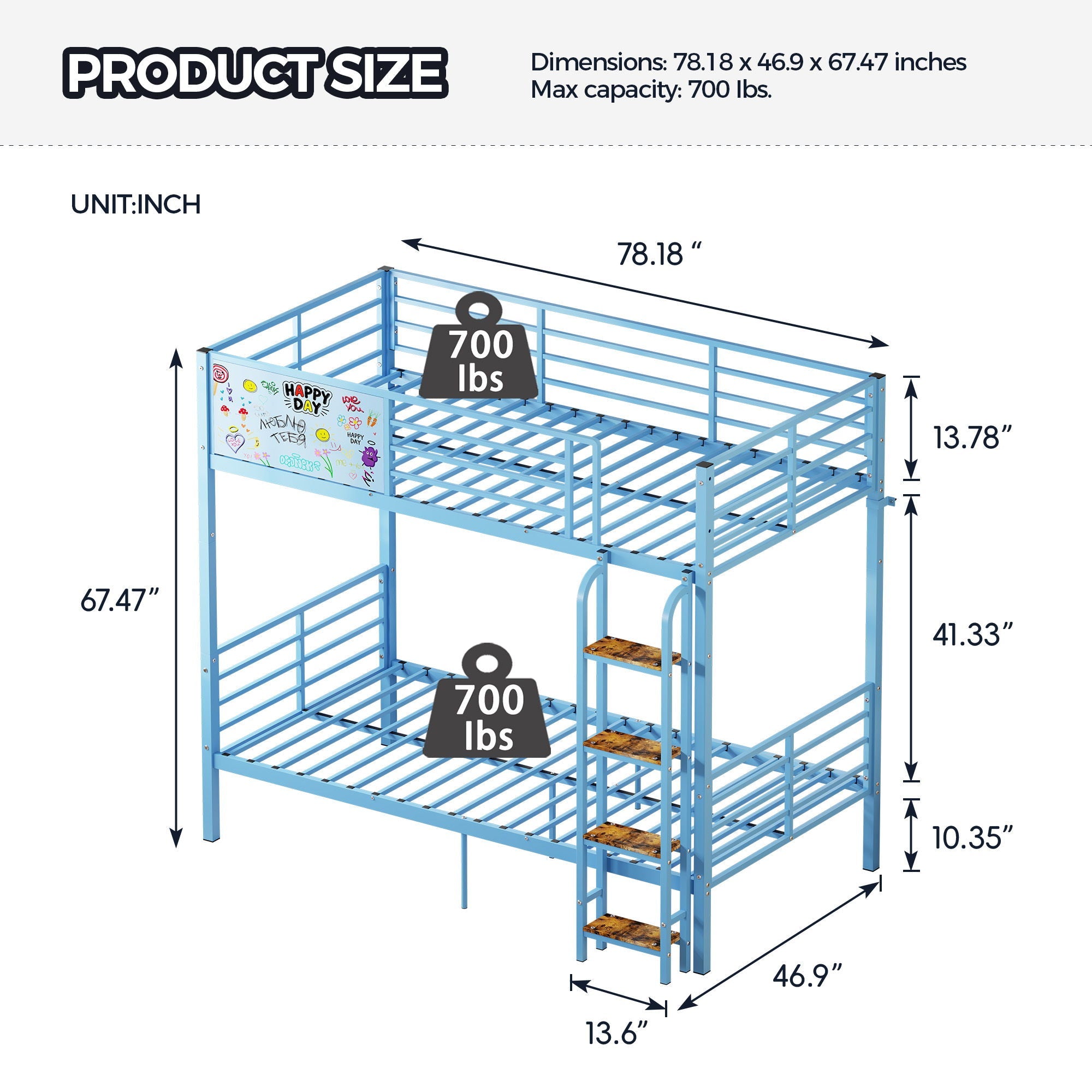 Bunk Bed, Convertible To 2 Separate Twin Size Beds & Full Length Guardrail & Ladder, No Box Spring Needed - Blue by HouseOfZazla