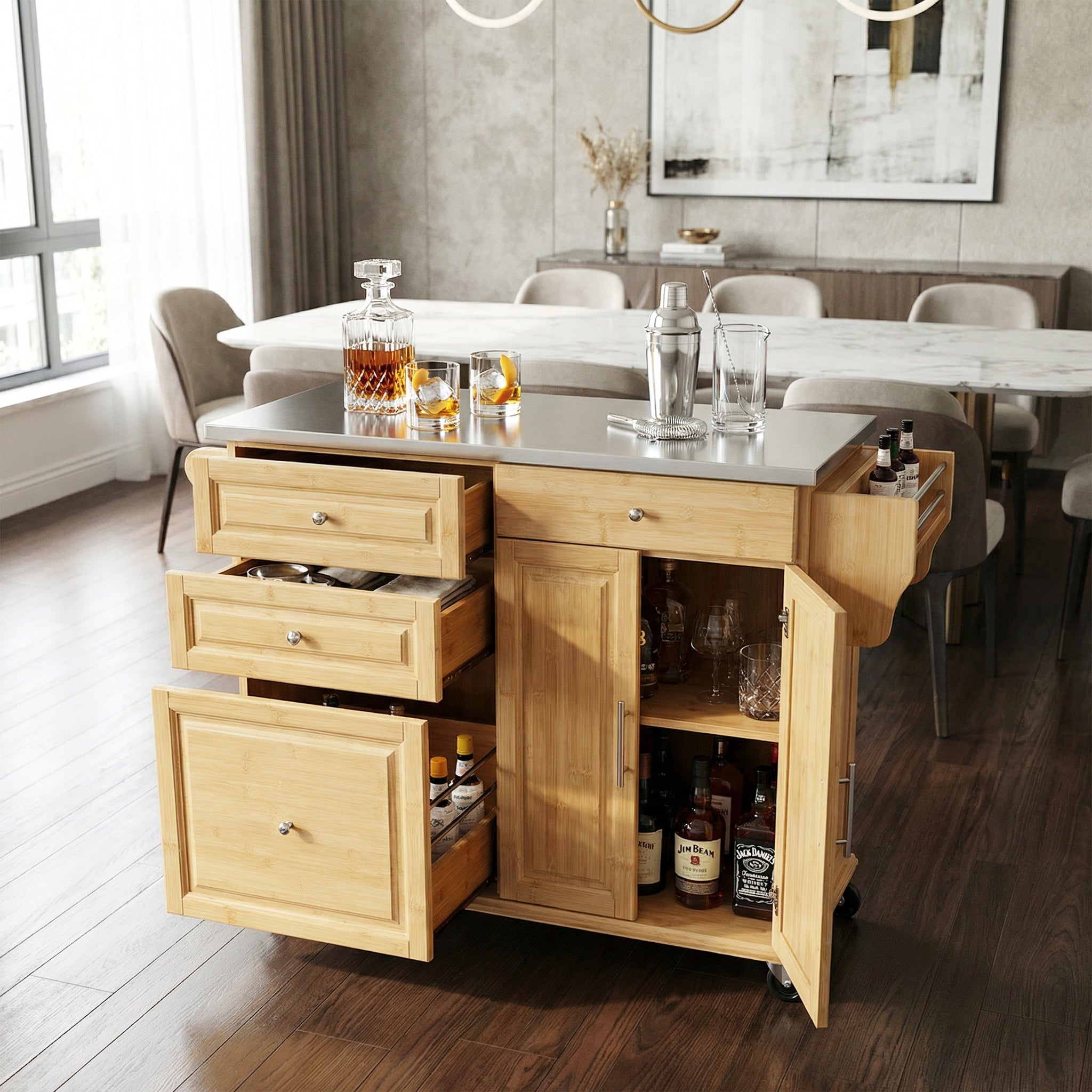 Indoor Bamboo Rolling Kitchen Island with Stainless Steel Top by HouseOfZazla