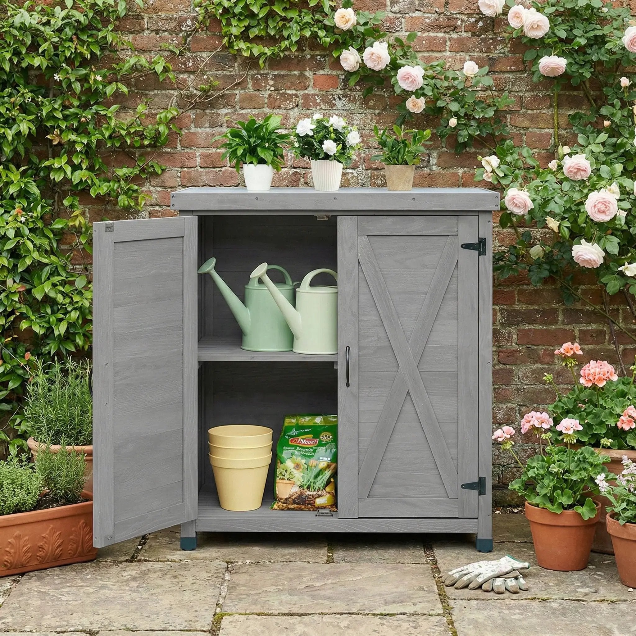 Potting Bench with Storage Cabinet and Metal Table Top by HouseOfZazla