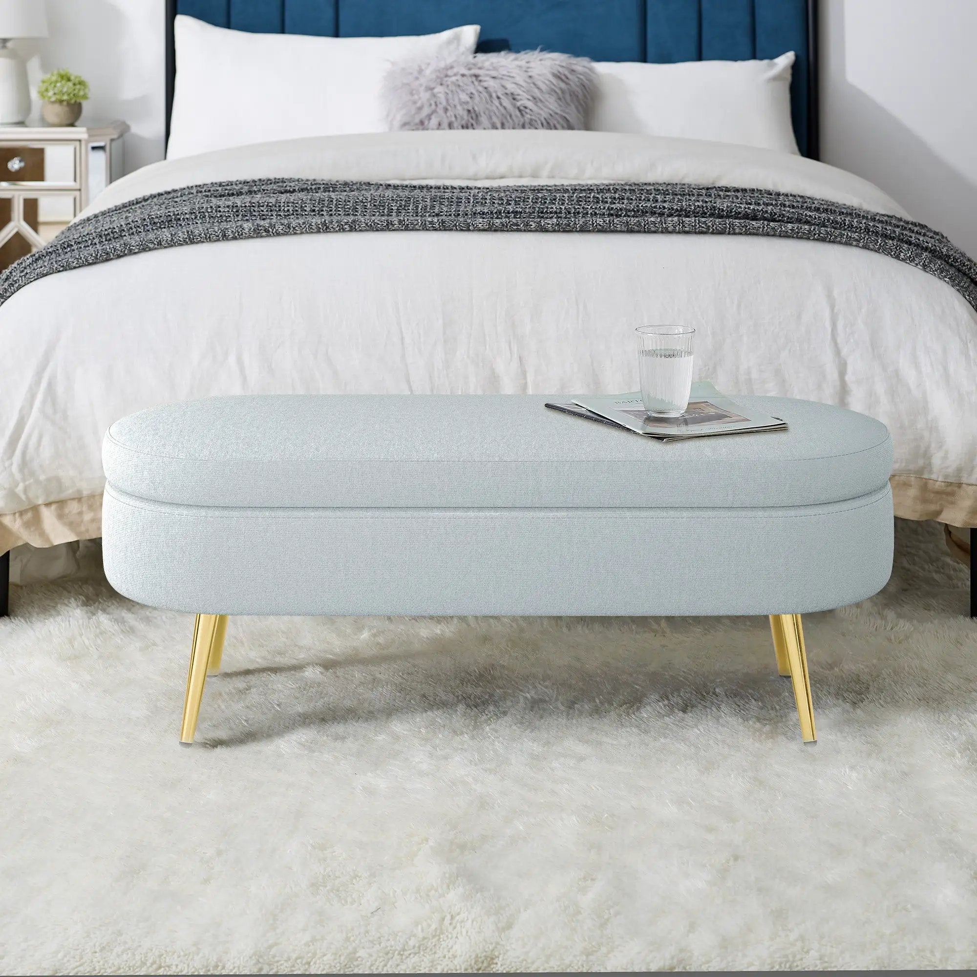 Ottoman Oval Storage Bench, Flannel with Metal Legs-Cyan by HouseOfZazla