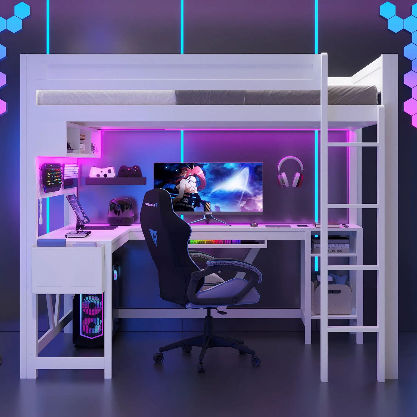 Gaming Loft Bed With Desk, Storage Shelves, LED And Charging Station by HouseOfZazla