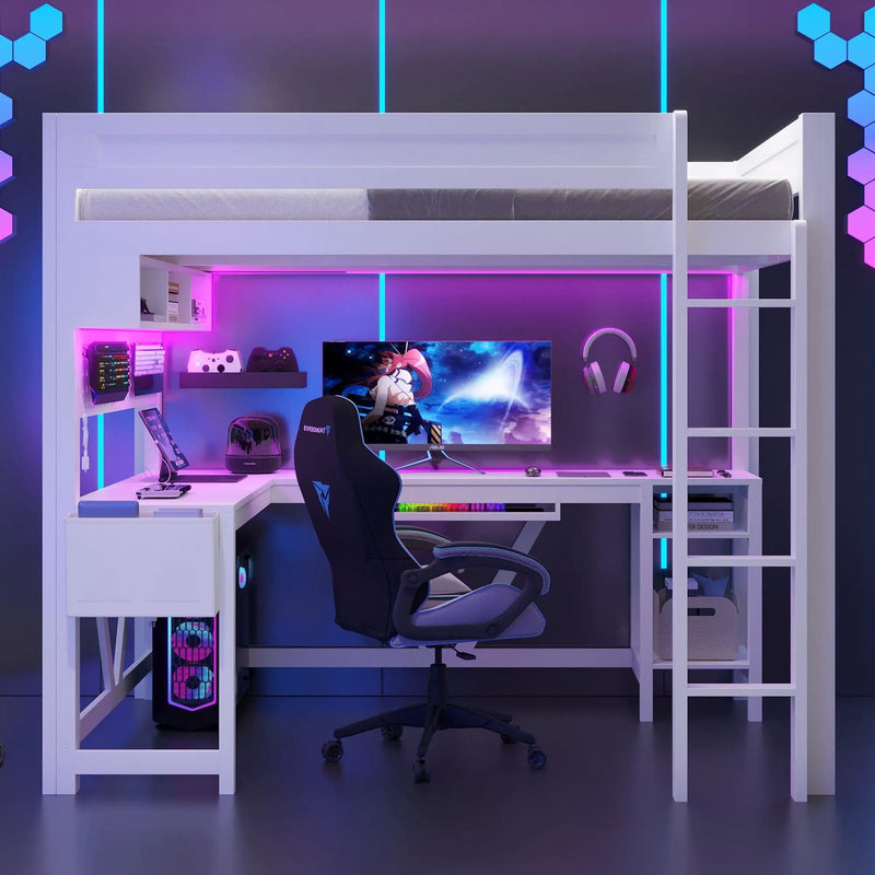 Gaming Loft Bed With Desk, Storage Shelves, LED And Charging Station by HouseOfZazla