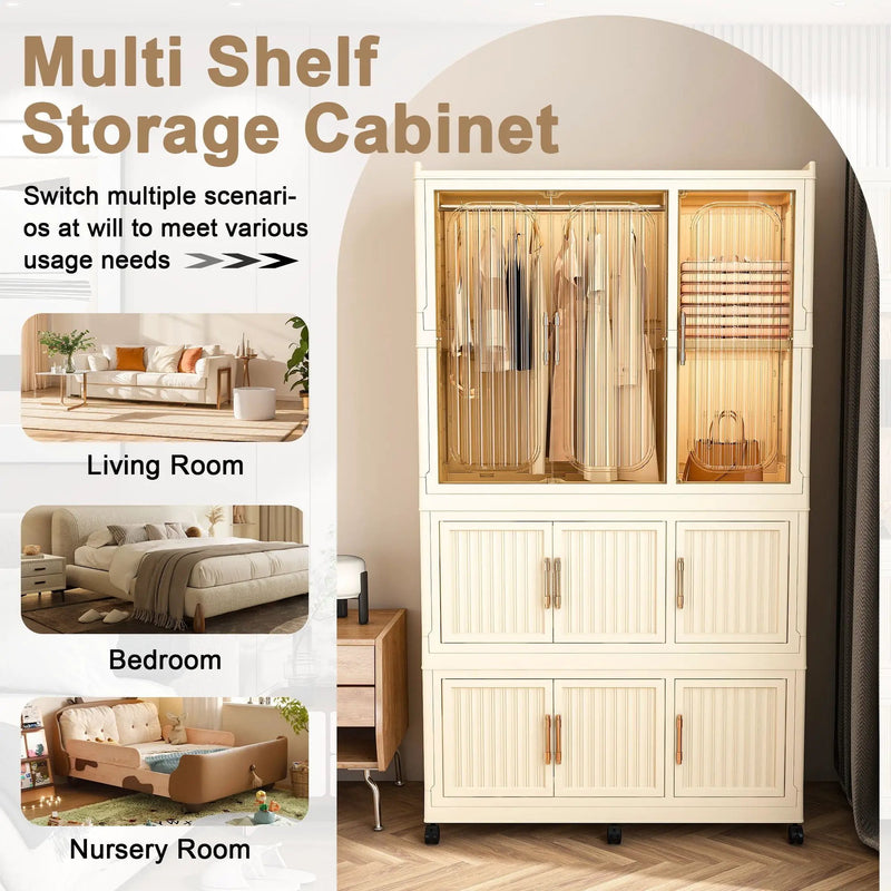 Portable Wardrobe Closet Storage Organizer With 9 Magnetic Doors - Cream White by HouseOfZazla