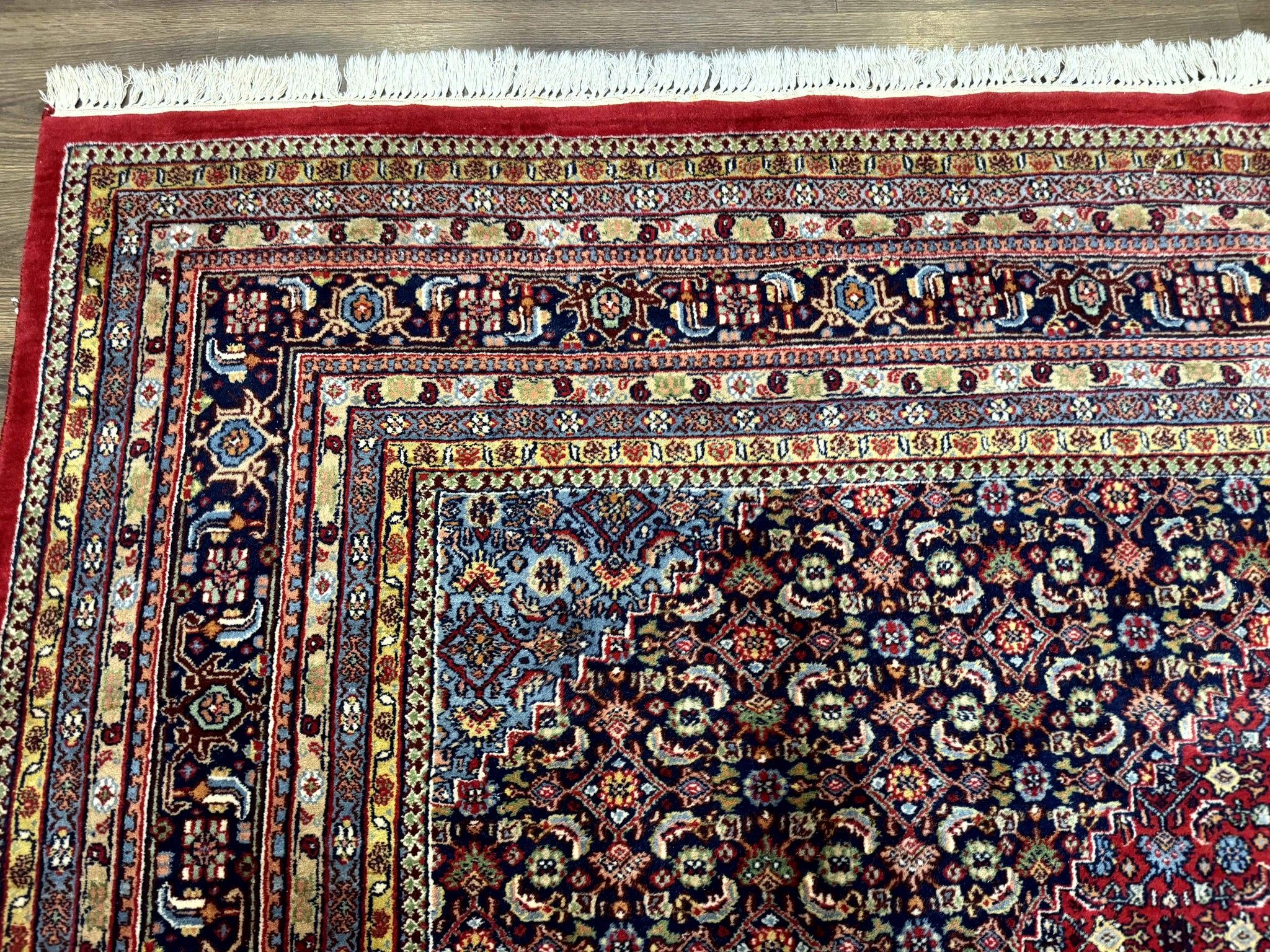 Indo Persian Bidjar Rug 10x14, Red and Dark Blue, Herati Mahi Pattern, Vintage by Jewel Rugs