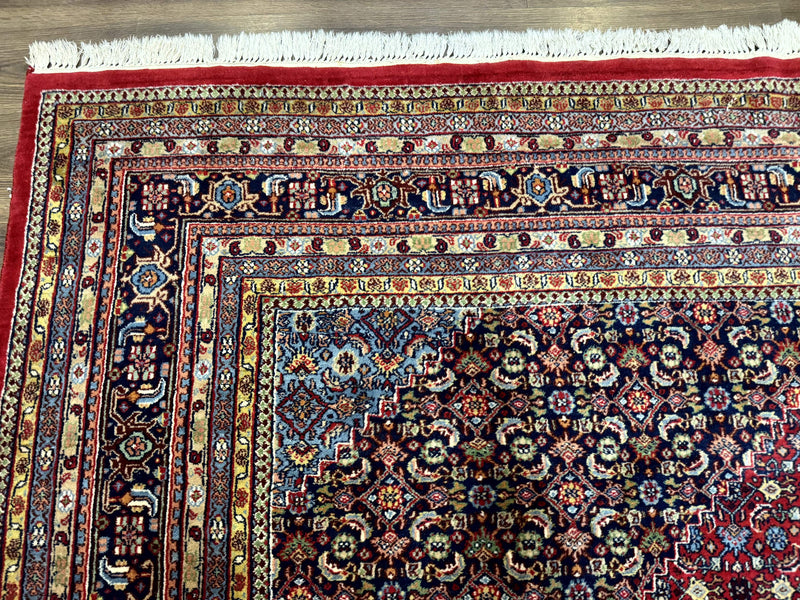 Indo Persian Bidjar Rug 10x14, Red and Dark Blue, Herati Mahi Pattern, Vintage by Jewel Rugs